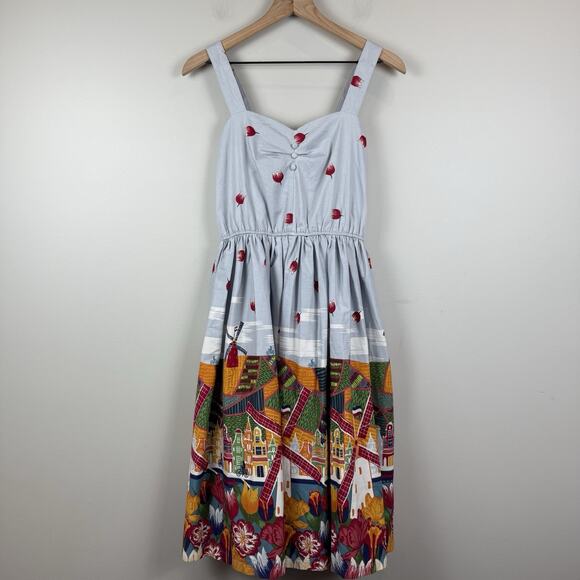 Lindy Bop Bambi Blue Holland Print Swing Dress Pin Up Retro Sz 4 50s Rockabilly - Picture 2 of 11